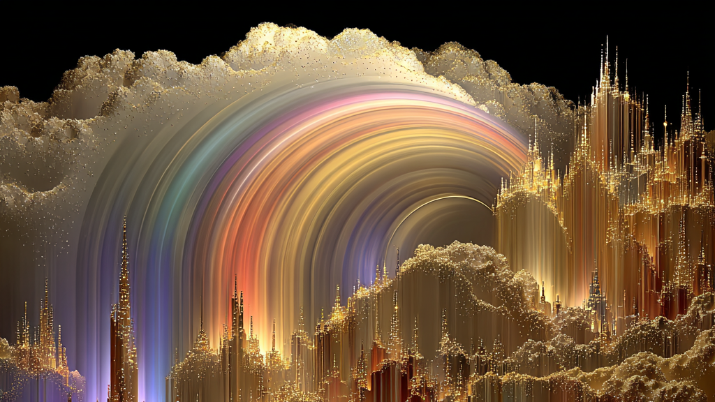 Abstract golden city and clouds beneath a luminous rainbow.